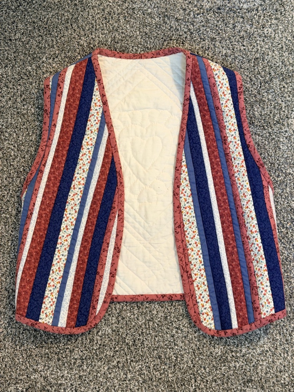 Quilted Striped Patchwork Vest in Red, Blue & Cream